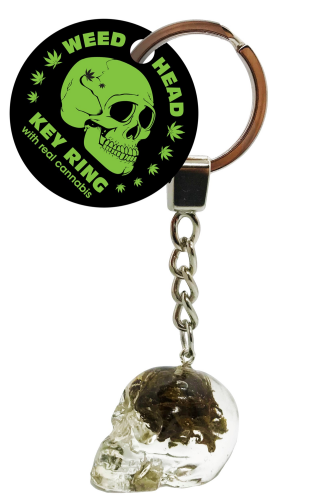 Weed Head Key Ring With Cannabis real cannabis bud in a skull shaped key ring